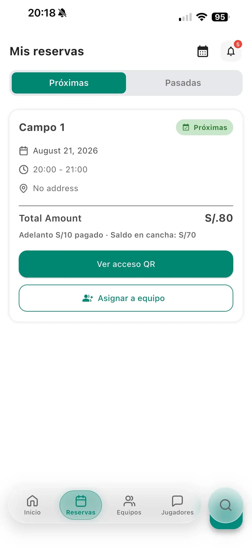 Reservas próximas dentro de la app