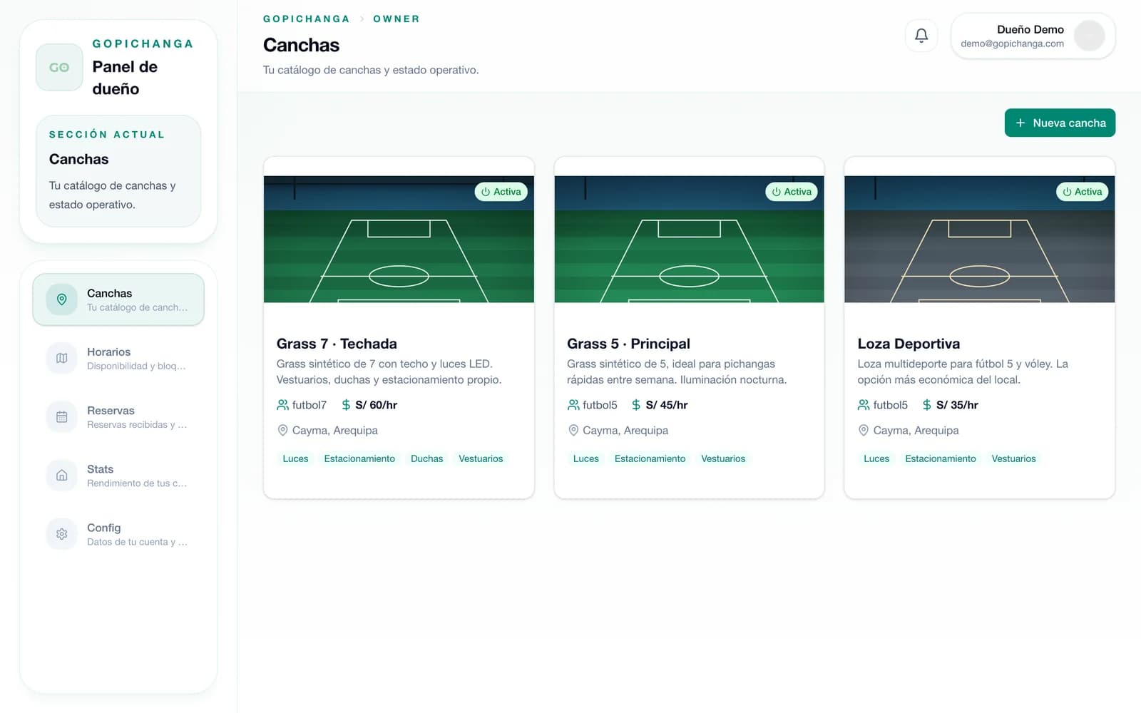 Panel de dueño: tarjetas de las canchas del local con foto, precio por hora y servicios.