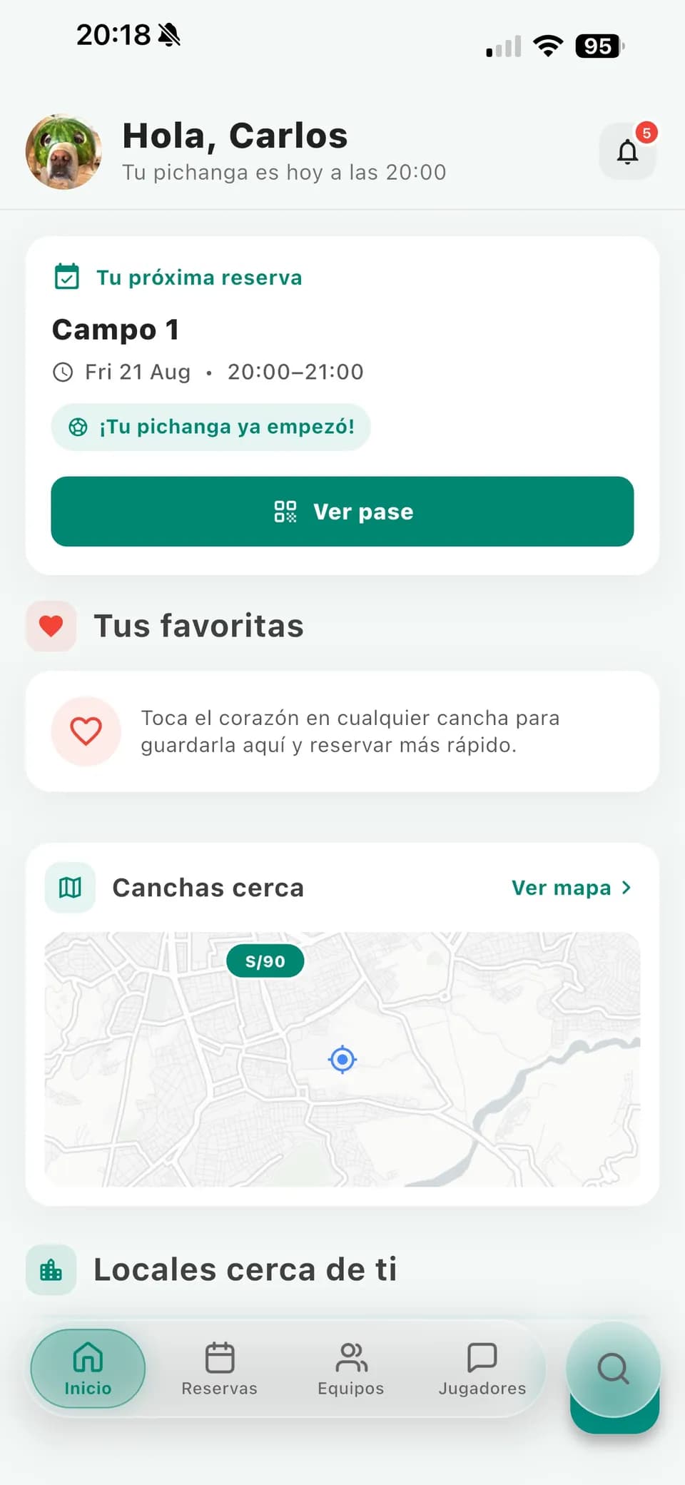 Inicio de GoPichanga con la próxima reserva y canchas cercanas
