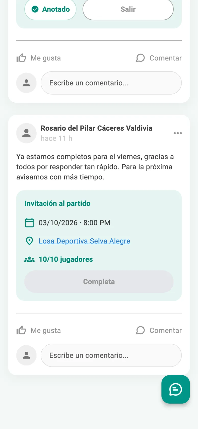 Una pichanga completa en la app: 10 de 10 jugadores, el botón Completa y el nombre de la cancha como enlace para ver cómo llegar.