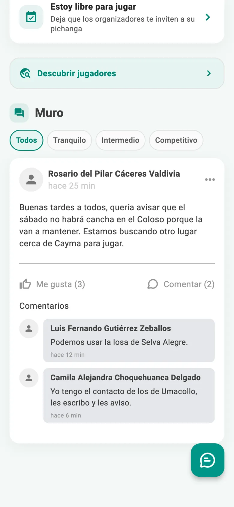 El muro en la app: una publicación con sus me gusta y dos comentarios.