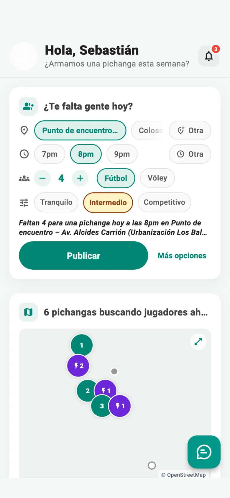 Inicio de la app GoPichanga: la tarjeta «¿Te falta gente hoy?» con la cancha, la hora, cuántos faltan, el deporte, el nivel y el botón Publicar.