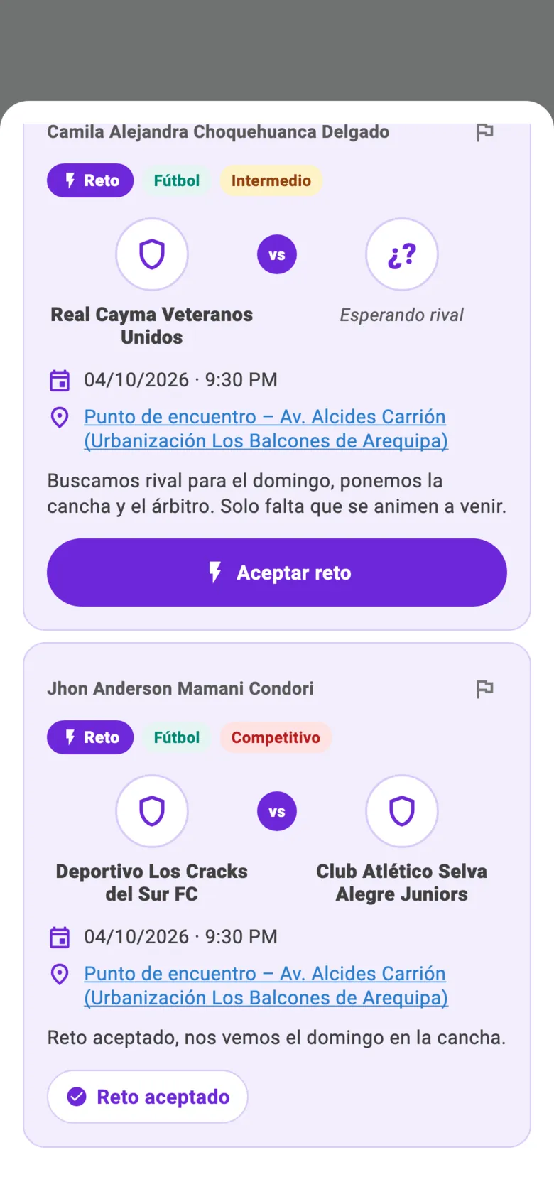 Retos en la app: uno esperando rival con el botón «Aceptar reto» y otro ya aceptado entre dos equipos.
