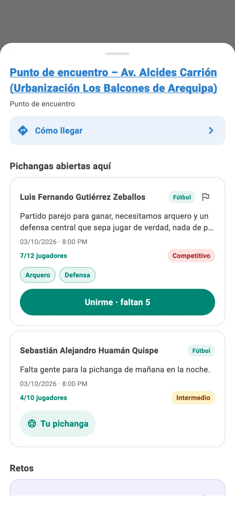 Un punto de encuentro en la app: el botón Cómo llegar y las pichangas abiertas ahí, con cuántos jugadores tienen y el botón «Unirme, faltan 5».