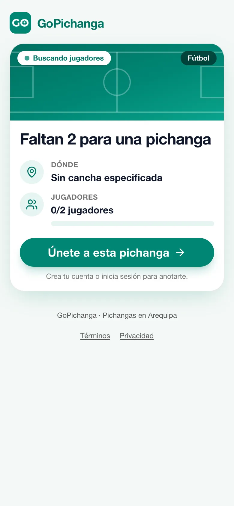 El link de una pichanga abierto en el navegador del celular: «Faltan 2 para una pichanga», dónde, cuántos jugadores y el botón «Únete a esta pichanga».